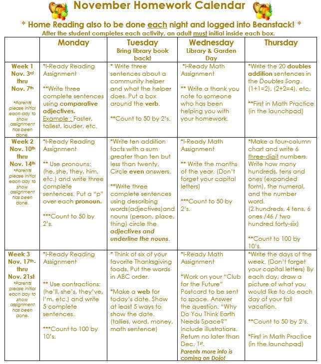 November Homework Calendar
